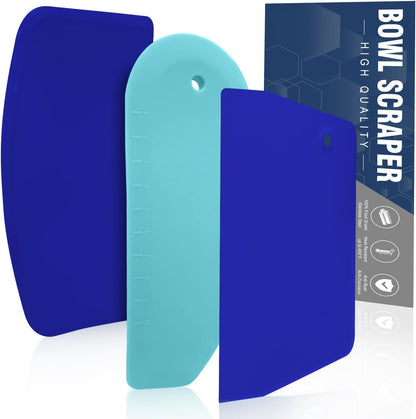 Dough Scraper Set of 3, Flexible Silicone Bowl Spatula, Kitchen Plastic Bench Dough Scraper Tool for Bread Dough, Sourdough, Cake, Fondant Icing, Blue & Teal/Aqua…