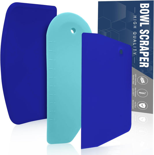 Dough Scraper Set of 3, Flexible Silicone Bowl Spatula, Kitchen Plastic Bench Dough Scraper Tool for Bread Dough, Sourdough, Cake, Fondant Icing, Blue & Teal/Aqua…