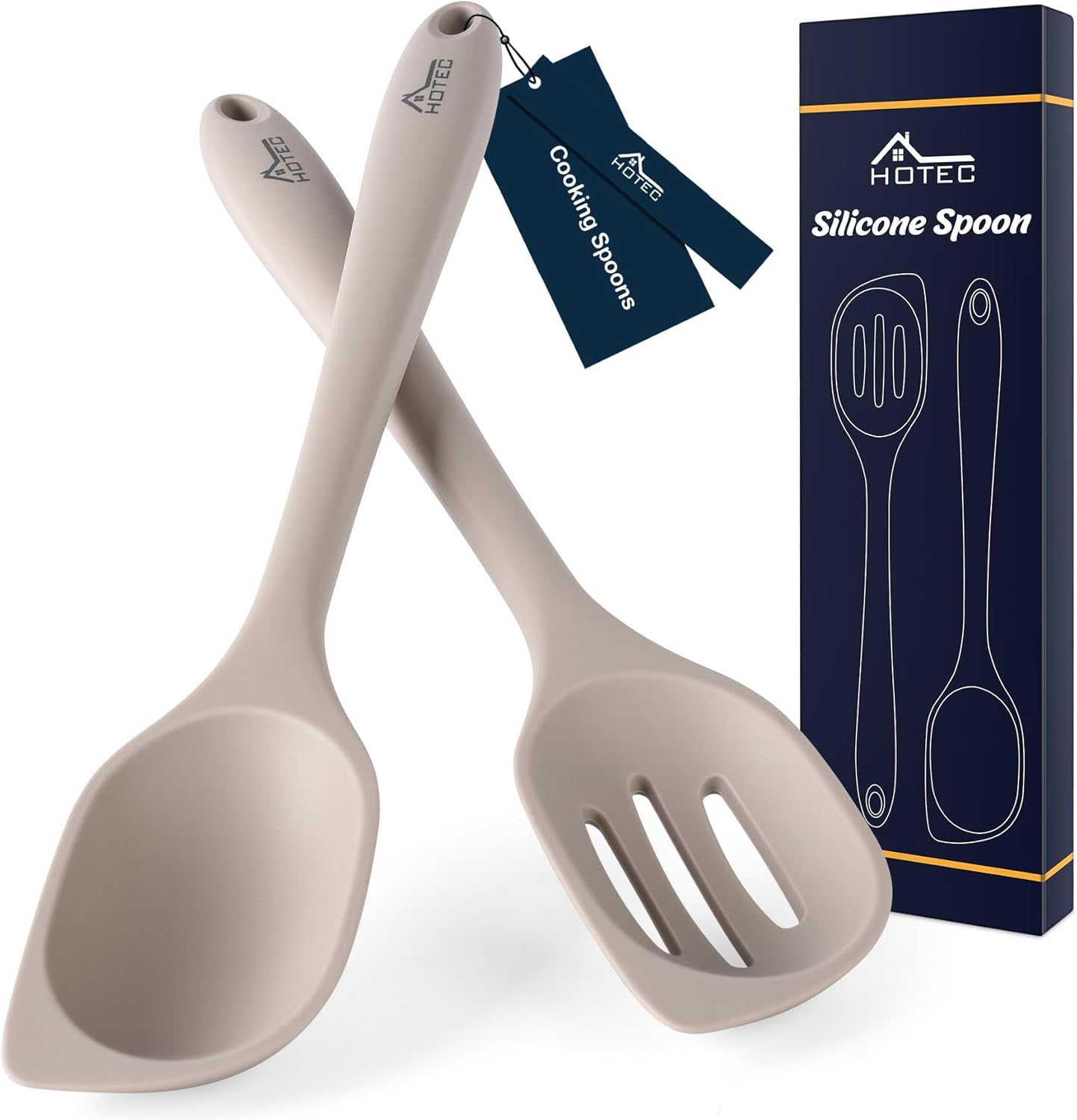 Heat Resistant Silicone Cooking Spoon Spatula, Large Kitchen Solid and Slotted Spoons for Mixing, Serving, Scraping, Non-Stick, Dishwasher Safe Khaki 12.5Inch