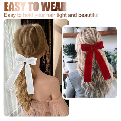 Velvet Hair Bows for Women Girls,3 PCS Black Red White Velvet Ribbon Bow Hair Clips with Long Tail,Hair Bows Barrettes for Thick Thin Hair,Nonslip Hair Accessories Christmas Birthday Gifts