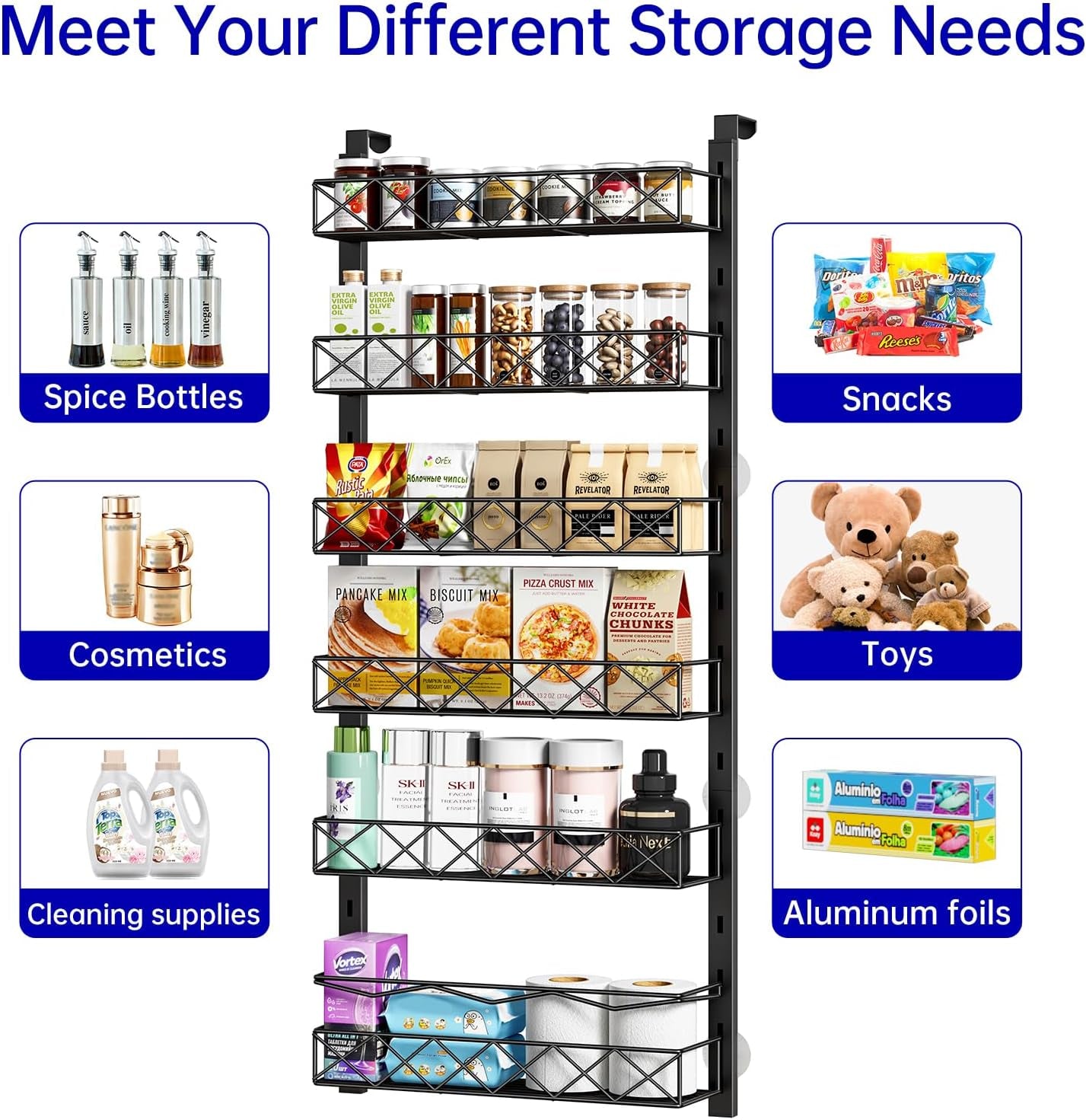 over the Door Organizer, Black 6-Tier Pantry Door Organizer with Adjustable Basket, Hanging Spice Rack Cabinet Door Shelves, Laundry Room Organization and Storage