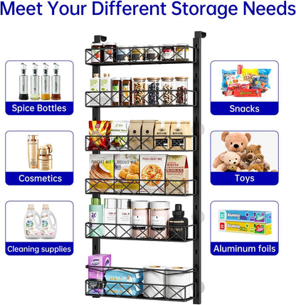 over the Door Organizer, Black 6-Tier Pantry Door Organizer with Adjustable Basket, Hanging Spice Rack Cabinet Door Shelves, Laundry Room Organization and Storage