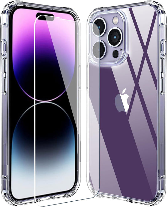 for Iphone 14 Pro Max [6.7 Inch] [1 X Phone Case+1 X Glass Screen Protector] Shock Absorption Bumper PC and TPU Clear Cover, Dynamic Island Compatible, Sensor Protection Tempered Glass