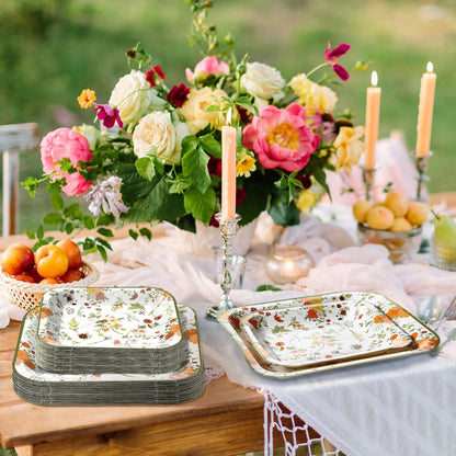 100-Piece Floral Disposable Paper Plate Set - 9'' Dinner Plates and 7'' Square Dessert Plates for Weddings, Birthdays, Baby Showers, and Parties (Green, Pastel Wildflower)