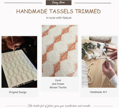 Set of 2 Boho Coral Lumbar Decorative Throw Pillow Cover 12X20 Inch for Couch Bed Sofa Chair, Modern Organic Farmhouse Home Decor, Cotton Cute Accent Rectangle Cushion Case with Tassels