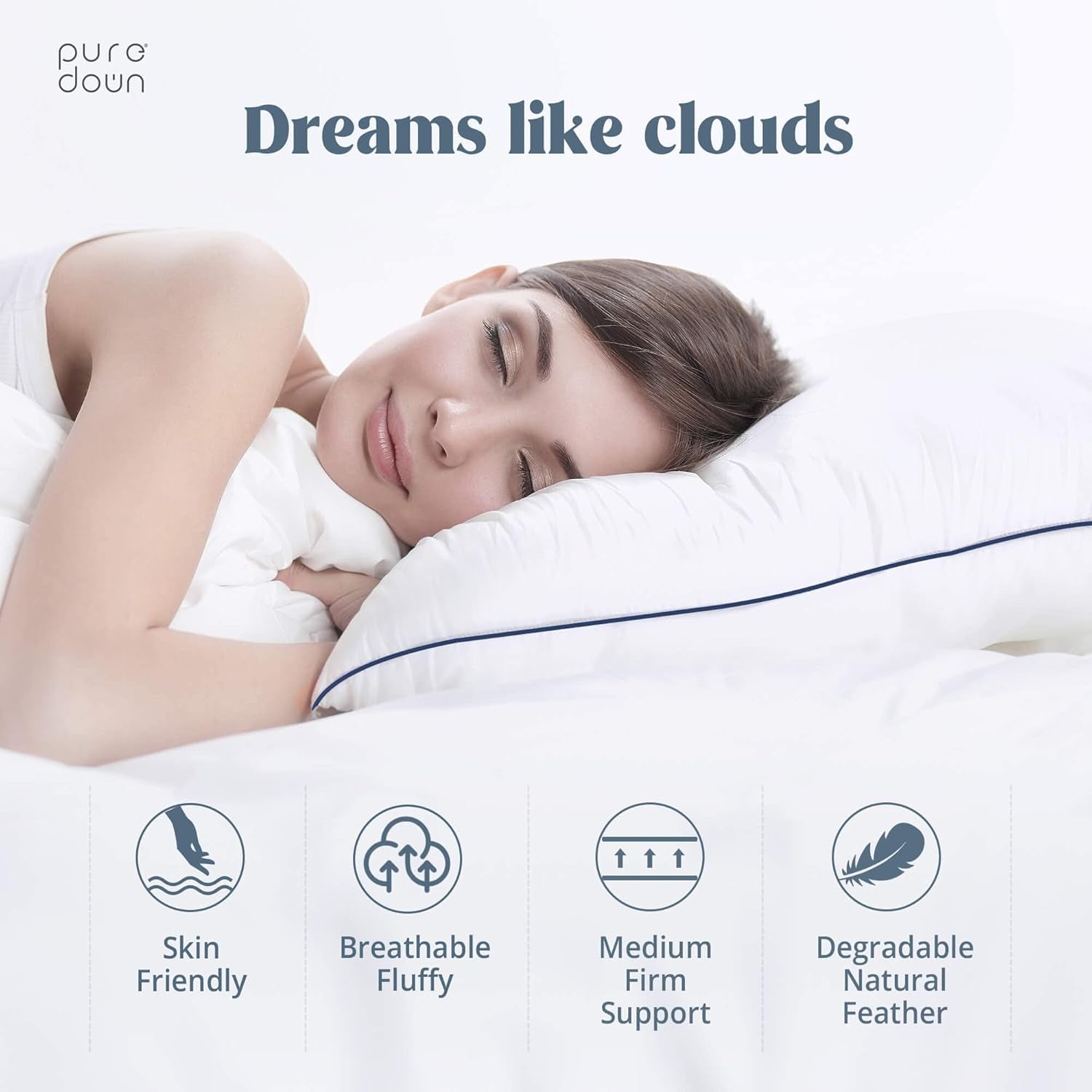 ® Premium White Goose Feather and down Pillows, 2 Pack Luxury Bed Pillows for Sleeping with 100% Cotton Cover, Standard Size, Navy