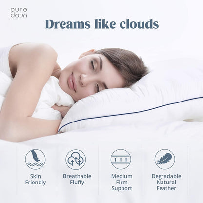 ® Premium White Goose Feather and down Pillows, 2 Pack Luxury Bed Pillows for Sleeping with 100% Cotton Cover, Standard Size, Navy