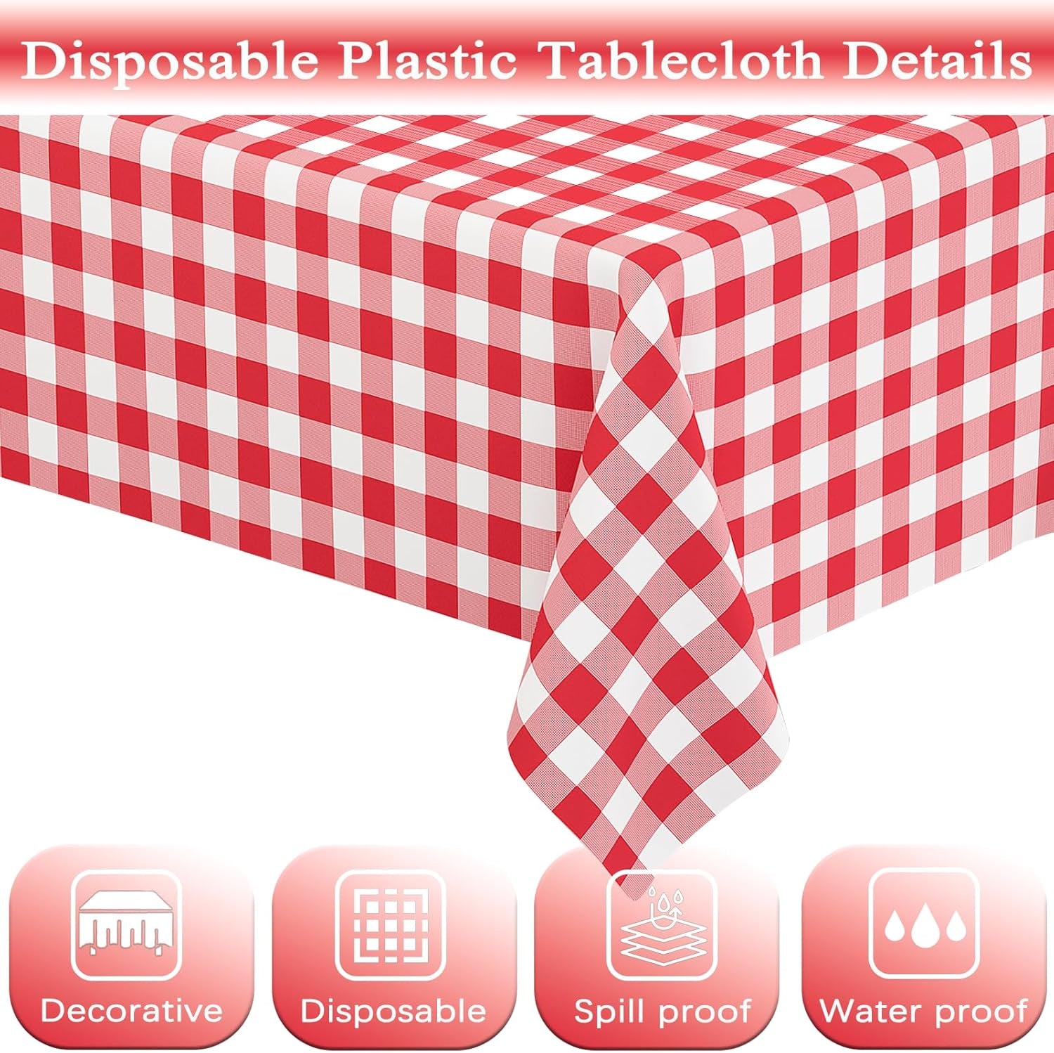 2 Pack Red Gingham Tablecloth Rectangular Red and White Checkered Tablecloths Disposable Plastic Red Plaid Table Cover for Parties, Christmas, Outdoor Picnic, Birthday, Wedding, Camping 54 × 108