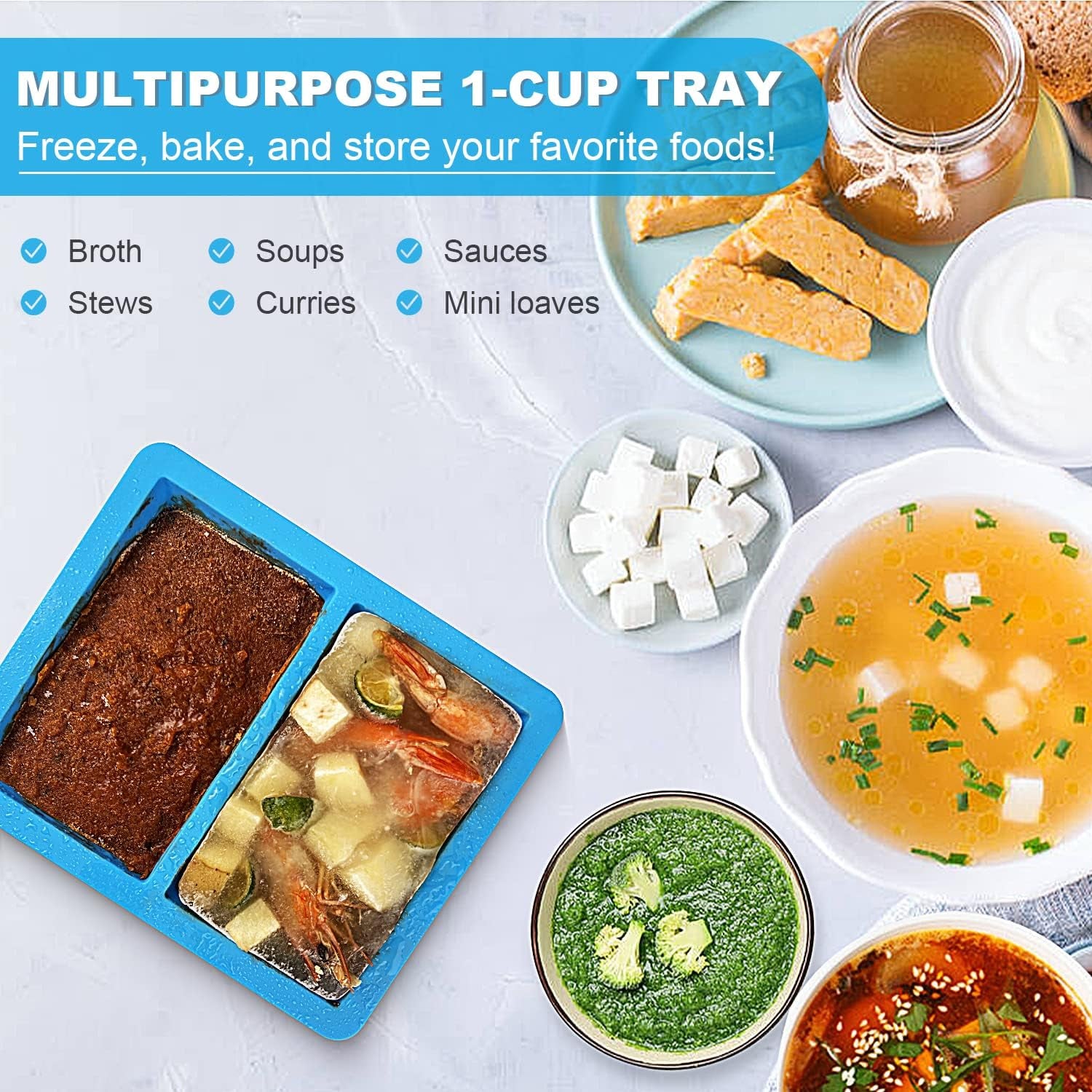 Extra-Large Silicone Freezing Tray with Lid,  1-Cup Freezer Tray for Soup, Silicone Soup Freezer Container for Storing and Freezing Soup, Broth, Sauce and Ice, 2 Pack