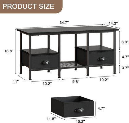 35" Coffee Table with 2 Storage Drawers, Small Coffee Tables for Living Room, Modern Center Table with 2 Tier Shelf, Black