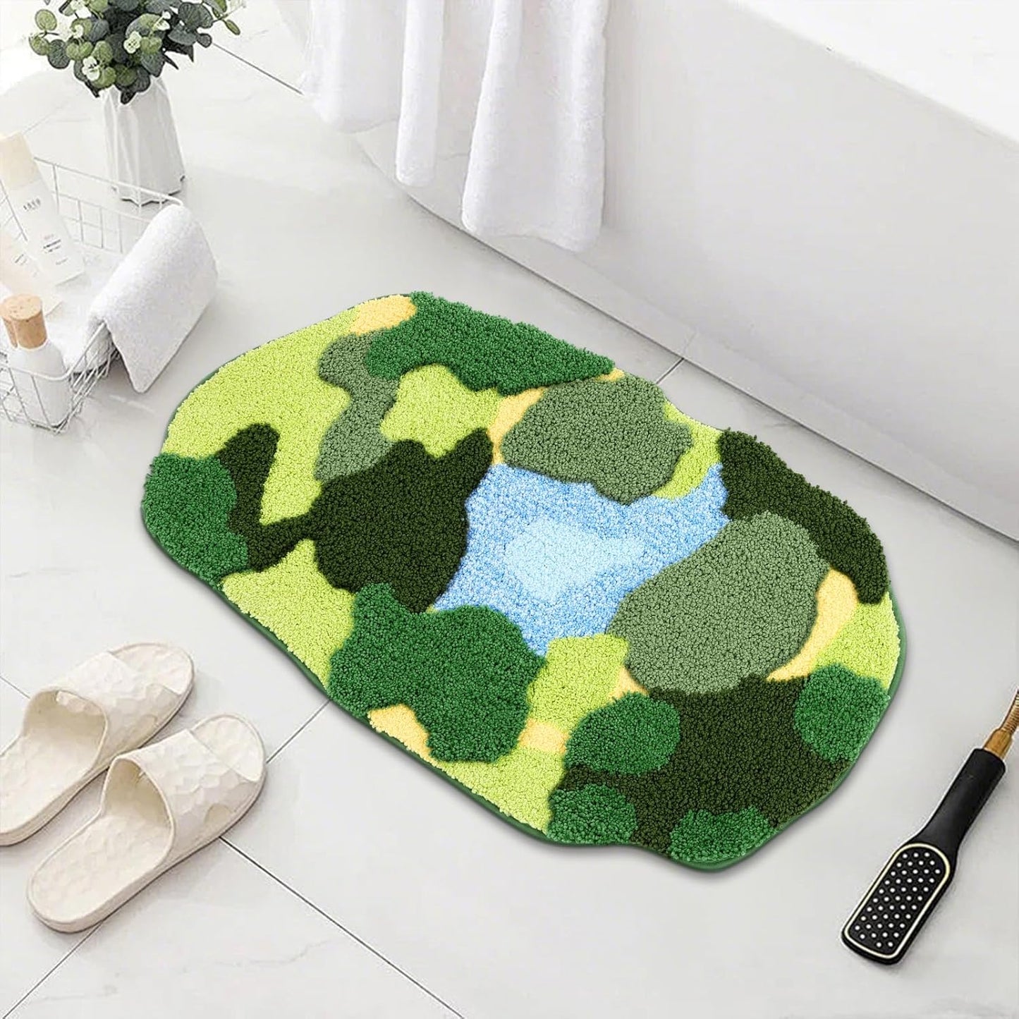 Soft Fluffy Green Moss Bath Rugs 20"X35" Non Slip Bath Mats Cute Fun Irregular Unique Bathroom Rugs Absorbent Carpet for Bathroom Shower Tub Bedroom Rug Decor, Multigreen Moss Blue Pond