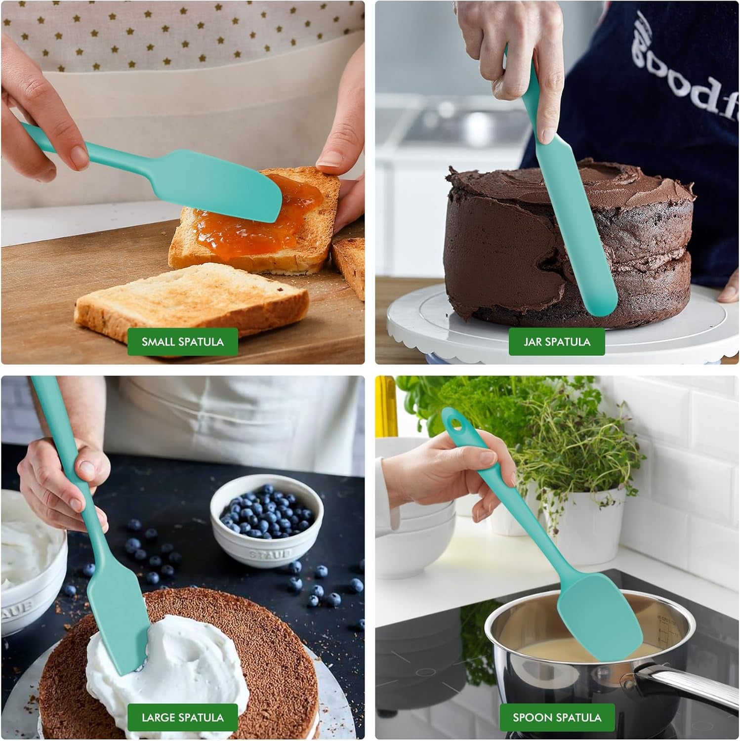 600°F Heat Resistant Silicone Rubber Spatula Set for Baking, Cooking, and Mixing Non Stick Dishwasher Safe Bpa-Free Aqua Sky Set of 4