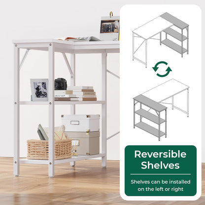 L-Shaped Reversible Corner Gaming Desk - 47" with Metal Frame and White Finish