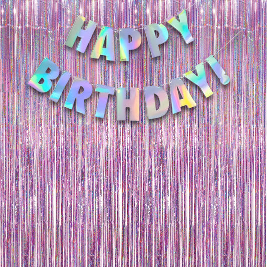 Pink Tinsel Curtain Party Backdrop and Holographic Banner for Party Supplies