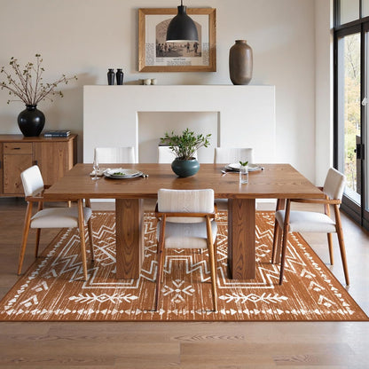 5X7 Boho Rugs for Living Room, Washable Bedroom Western Area Rug, Low Pile Soft Burnt Orange Carpet, Stain Resistant Distressed Fall Rug Aztec Carpets for Dining Room