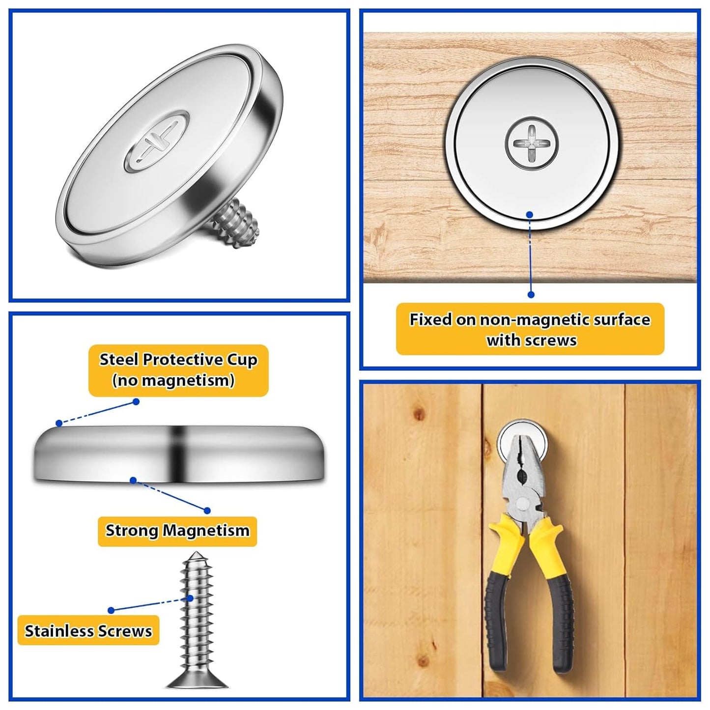 8-Pack Neodymium Cup Magnets with 100 LBS Pull Force, Countersunk Hole, Industrial Strength, 1.26" Diameter x 0.2" Height, Screws Included