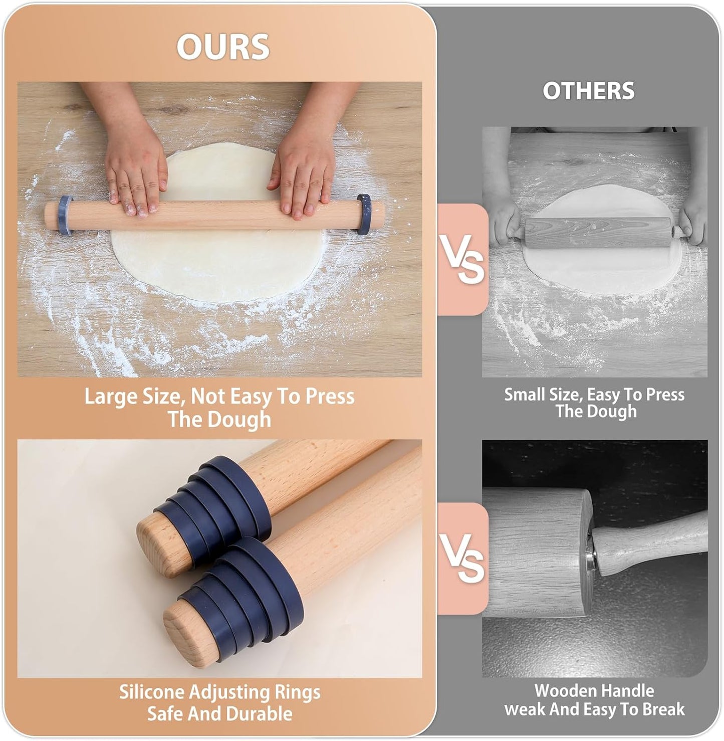 Adjustable Wood Rolling Pin with Thickness Rings for Baking -Non Stick Wooden Dough Roller Pin with Spacer Bands for Cookie,Pie Crust, Pastry Fondant and Bread by  (15.8, Grey)