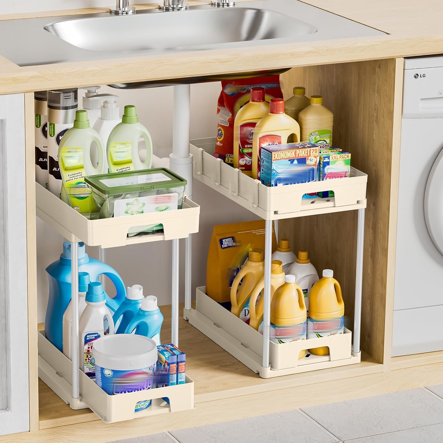 under Sink Organizers and Storage, 2 Pack Pull Out Kitchen Bathroom Cabinet Organizer, 2 Tier Beige under Sink Storage for Bathroom Kitchen