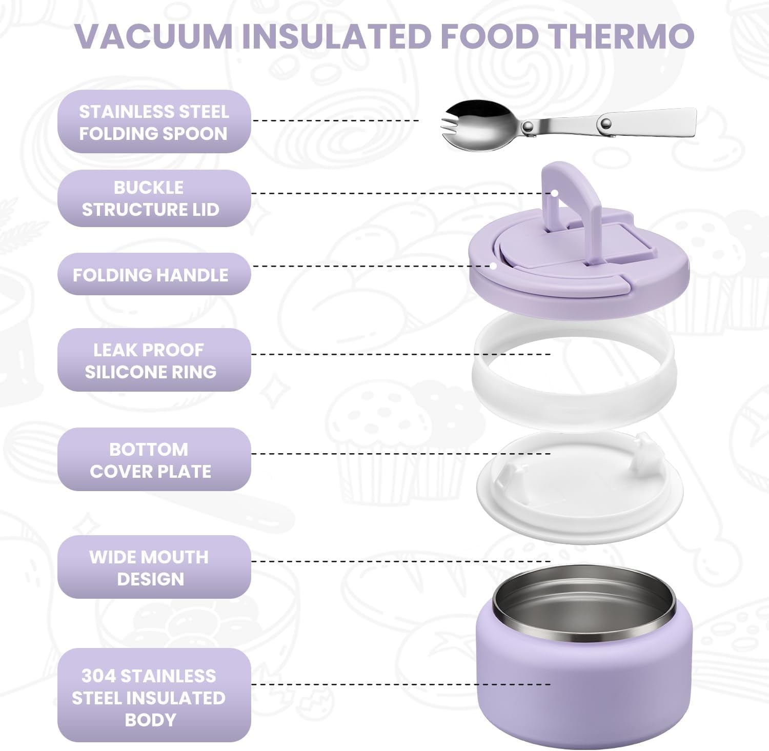 Soup Thermo for Hot Food Kids 13.5Oz Lunch Containers with Buckle Lid Wide Mouth Hot Food Jar Vacuum Insulated Stainless Steel Bento Box Leakproof with Spoon(Purple)