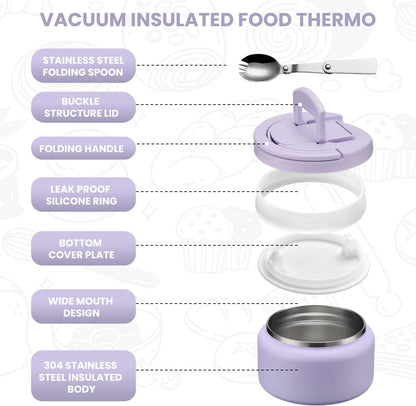 Soup Thermo for Hot Food Kids 13.5Oz Lunch Containers with Buckle Lid Wide Mouth Hot Food Jar Vacuum Insulated Stainless Steel Bento Box Leakproof with Spoon(Purple)