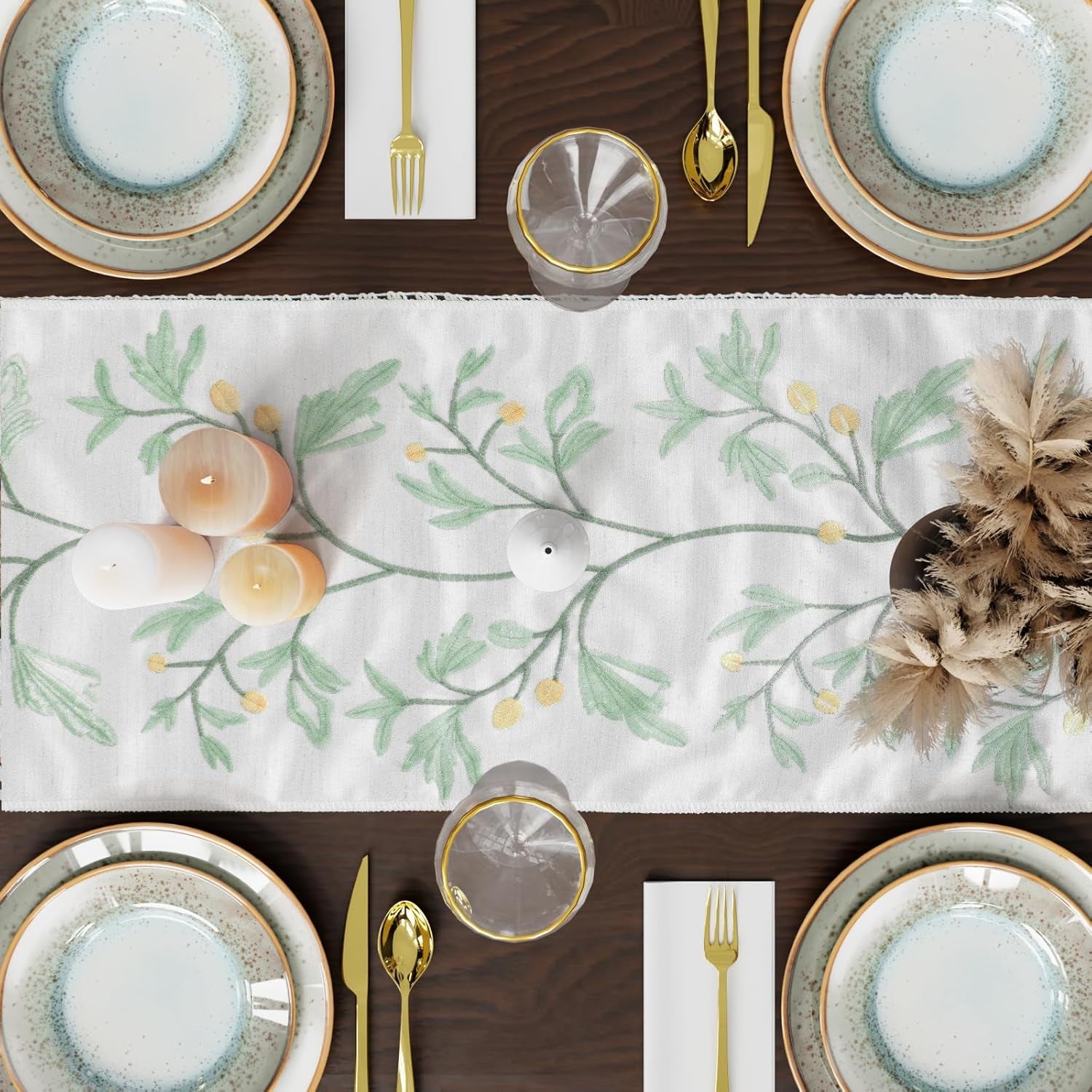 Boho Table Runner with Tassels,Burlap Table Runners 72 Inches Long Room Decor Aesthetic Rustic Farmhouse Summer Decorations for Living Room Green Tree Pattern (12X72 Inches)