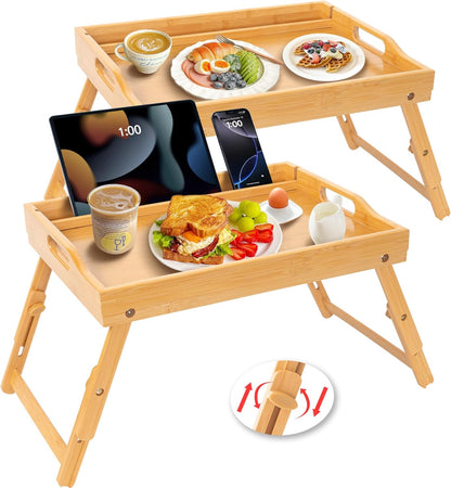 2 Pack Bed Tray Table with Handles Folding Legs, Bamboo Breakfast Food Tray with Media Slot, Use as Platter, Laptop Desk, Snack, TV Tray Kitchen Serving Tray(Natural)