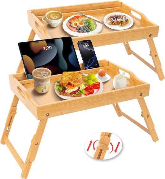 2 Pack Bed Tray Table with Handles Folding Legs, Bamboo Breakfast Food Tray with Media Slot, Use as Platter, Laptop Desk, Snack, TV Tray Kitchen Serving Tray(Natural)