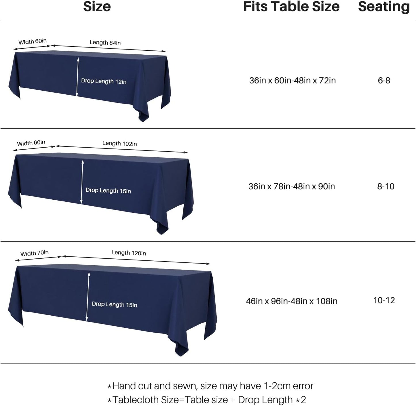 2PCS Navy Blue Table Cloth for Rectangle Table - 60 X 84 Inch Tablecloths Rectangular Waterproof Washable Wrinkle Resistant for 6 FT Wedding Cocktail Party