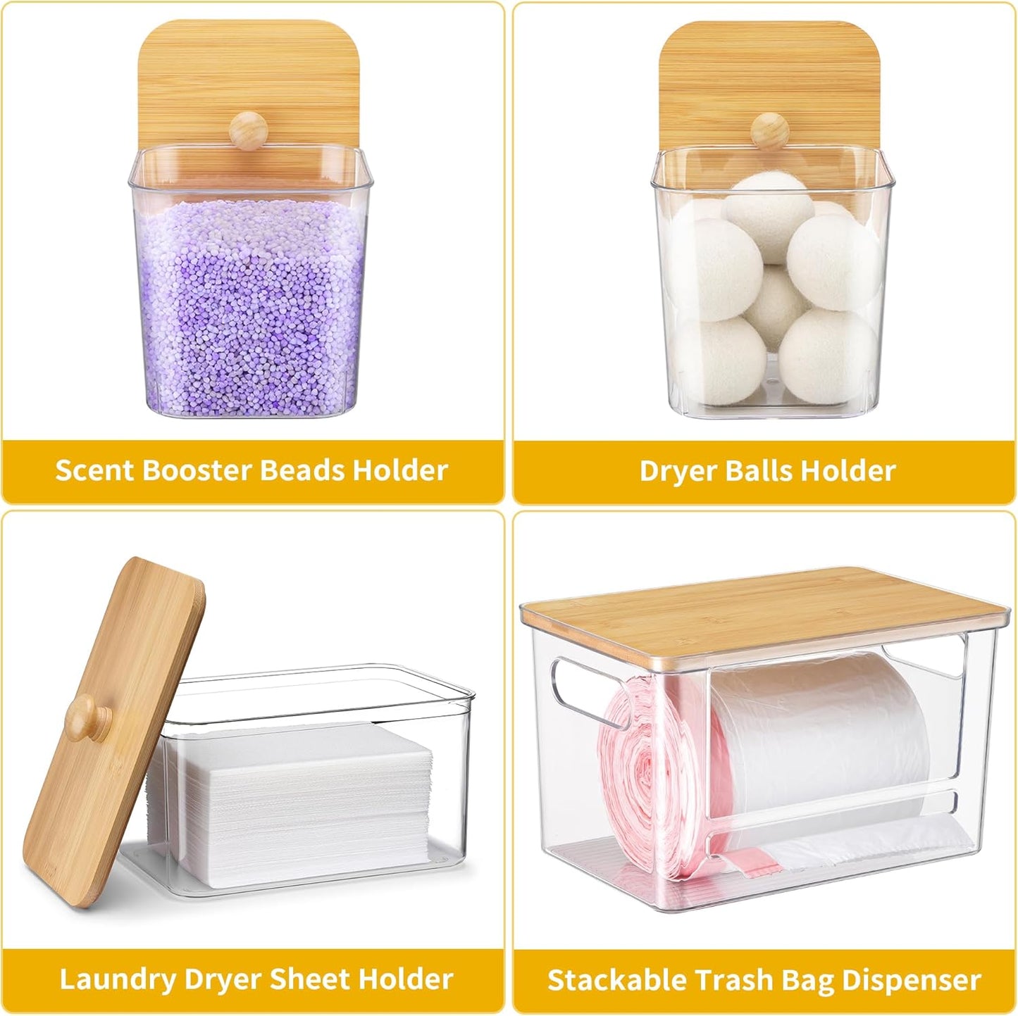 4 Pcs Extra Large Trash Bag Dispenser & Laundry Containers, Wall Mounted Clear Laundry Pods Container Dryer Sheet Holder with Lids for Laundry Room Organization and Storage