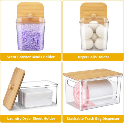 4 Pcs Extra Large Trash Bag Dispenser & Laundry Containers, Wall Mounted Clear Laundry Pods Container Dryer Sheet Holder with Lids for Laundry Room Organization and Storage