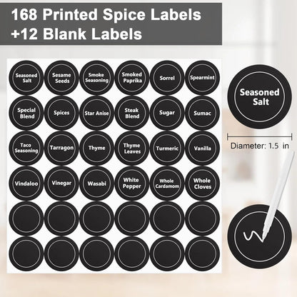 180 Spice Labels for Food Containers, Chalkboard Labels for Jars, Spice Label Stickers Herb Seasoning Kitchen Pantry Labels, Small Chalk Sticker Spice Jar Label round 168 Printed, 1 Erasable Chalk