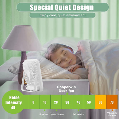 Travel Fan for Sleeping, 6.8" Small Portable Fan Rechargeable Battery Powered, 100 Speeds Personal Mini Desk Fan for Office Bedroom, Cruise Ship Beach Vocation Travel Essentials, White