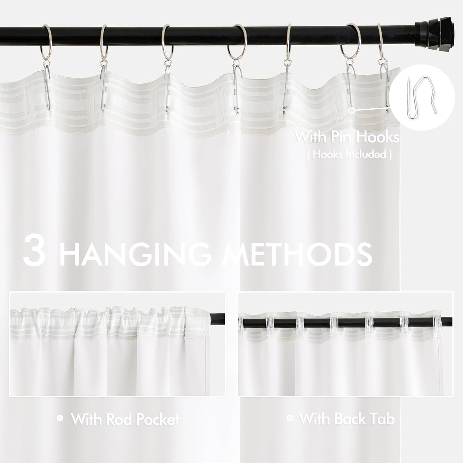 Pure White Back Tab Blackout Curtain Set, 96-Inch Length, 2 Panels for Bedroom, Rod Pocket/Pinch Pleat, Thermal Insulated Light Blocking Drapes for Living Room