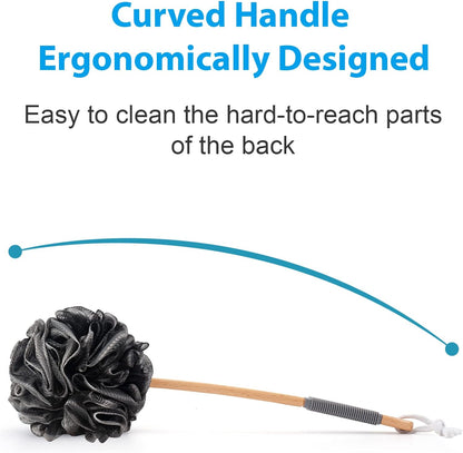 Shower Sponge Loofah Back Scrubber, PE Soft Mesh Loofah Body Scrubber with Long Wooden Handle, Bath Sponge for Men Women (Black)