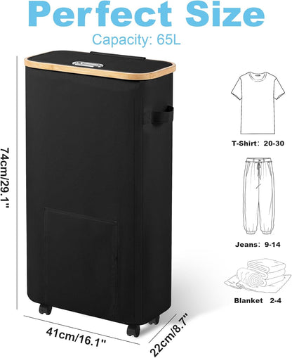 Laundry Basket with Wheels, Tall Dirty Clothes Hamper on Wheels, Rolling Laundry Hamper with Lid for Dorm, Bedroom and Bathroom (Black, 65L)