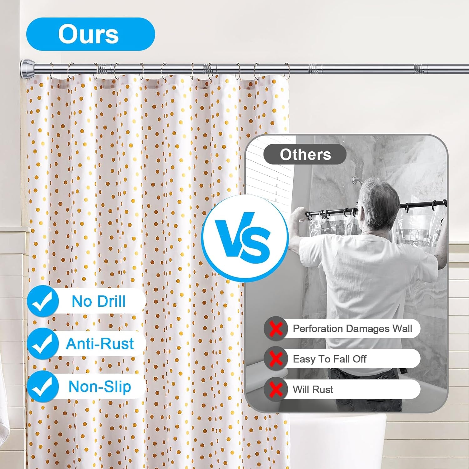 Shower Curtain Rod, 27-76 Inch Adjustable Tension Spring, Shower Curtain Rod Tension, Anti-Slip, Rust-Proof, No Drilling, for Bathroom, Silver