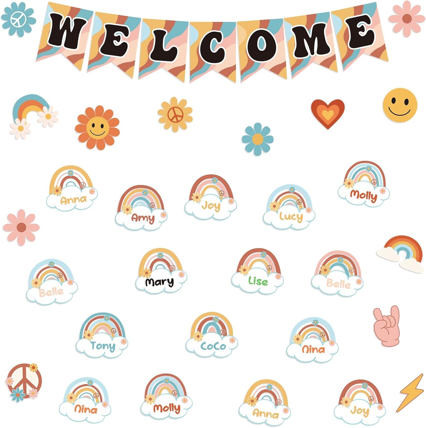 61Pcs Retro Welcome Back to School Bulletin Board Welcome Poster Banner Groovy Rainbow Theme Welcome Sign Decor with Glue Point for First Day of Kindergarten Preschool Classroom Decorations