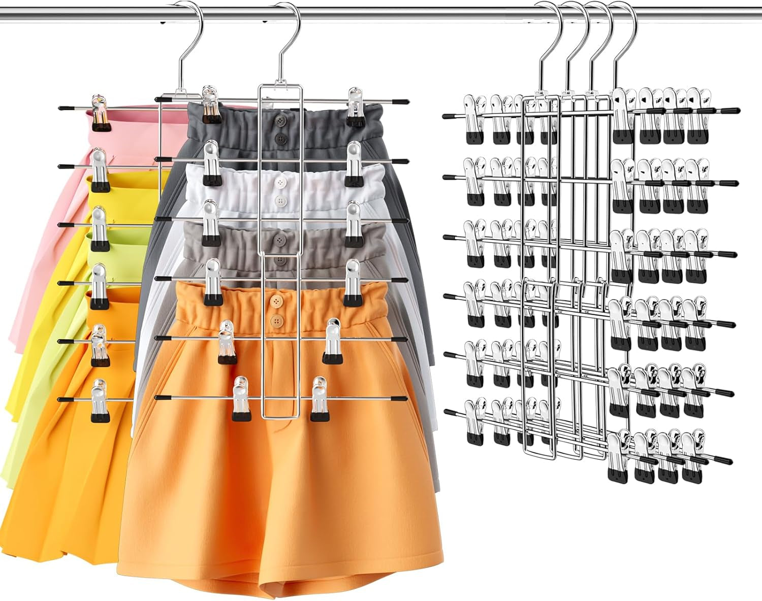 4 Pack Pants & Skirt Hangers Space Saving Hanging Closet Organizer and Storage, Upgrade Skirt Hangers with Clips and 360° Swivel Hook, Closet Storage