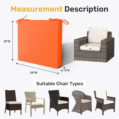 Outdoor Chair Cushions Pack of 2, Water Resistant Patio Cushions with Ties, High Density Sponge Filling Square Corner Seat Cushions for Outdoor Furniture, 24"*24"*4", Orange