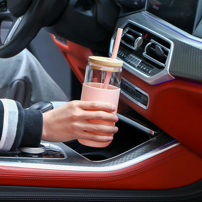 20 OZ Glass Cups with Bamboo Lids and Straws - Beer Can Drinking Glasses with Silicone Protective Sleeve Set, Iced Coffee Glasses, Cute Tumbler Cup for Water, Tea, Gift - Pink, Amber