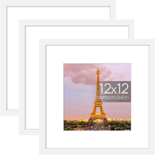 12X12 Picture Frame Made of High Definition Glass, Display Pictures 8X8 with Mat or 12X12 without Mat, Gallery Wall Frame Set, White