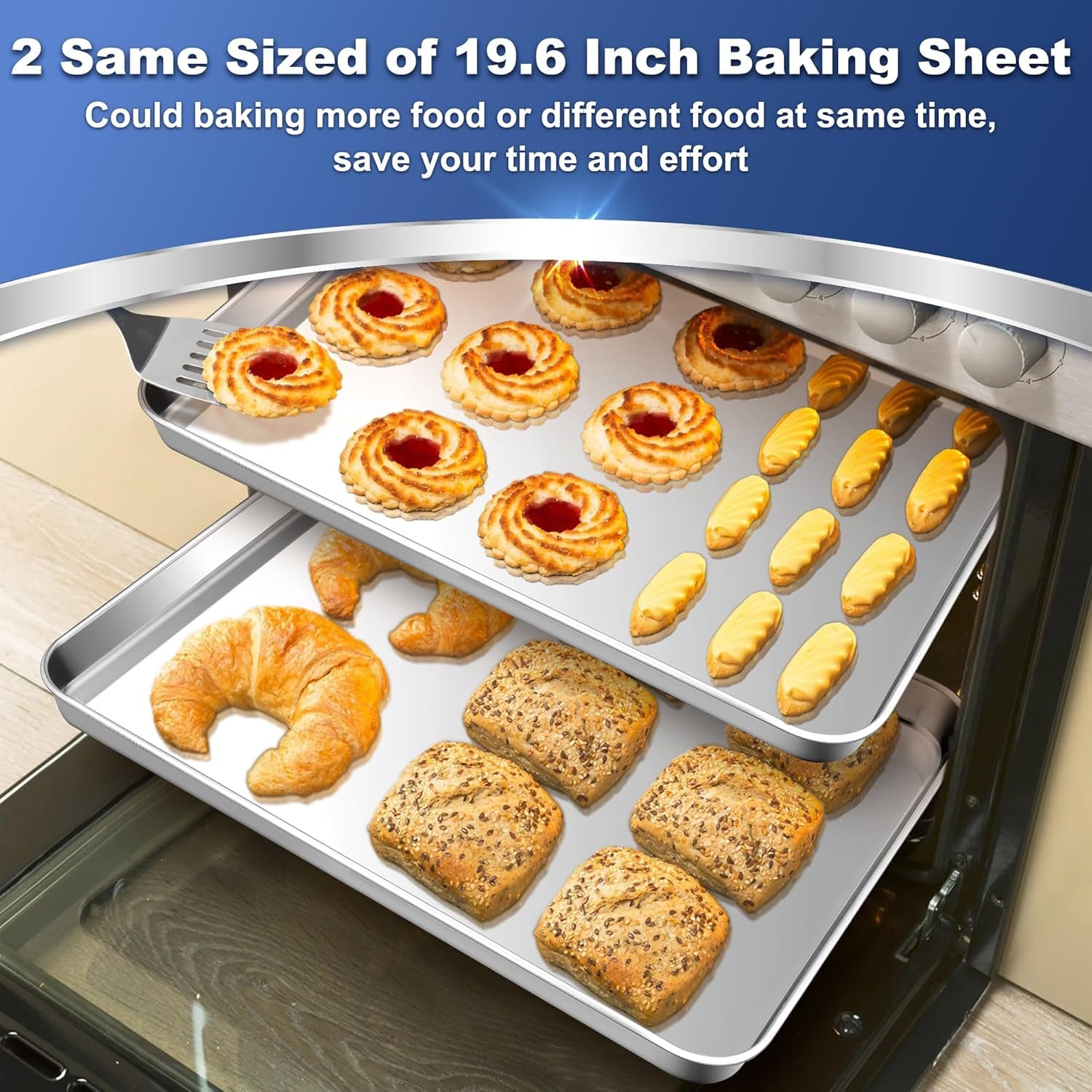 Baking Cookie Sheet Set of 2, 19.6 Inch Stainless Steel Cookie Sheet Pan, Large Baking Pan Bakeware, Heavy Duty & Healthy, Oven & Dishwasher Safe