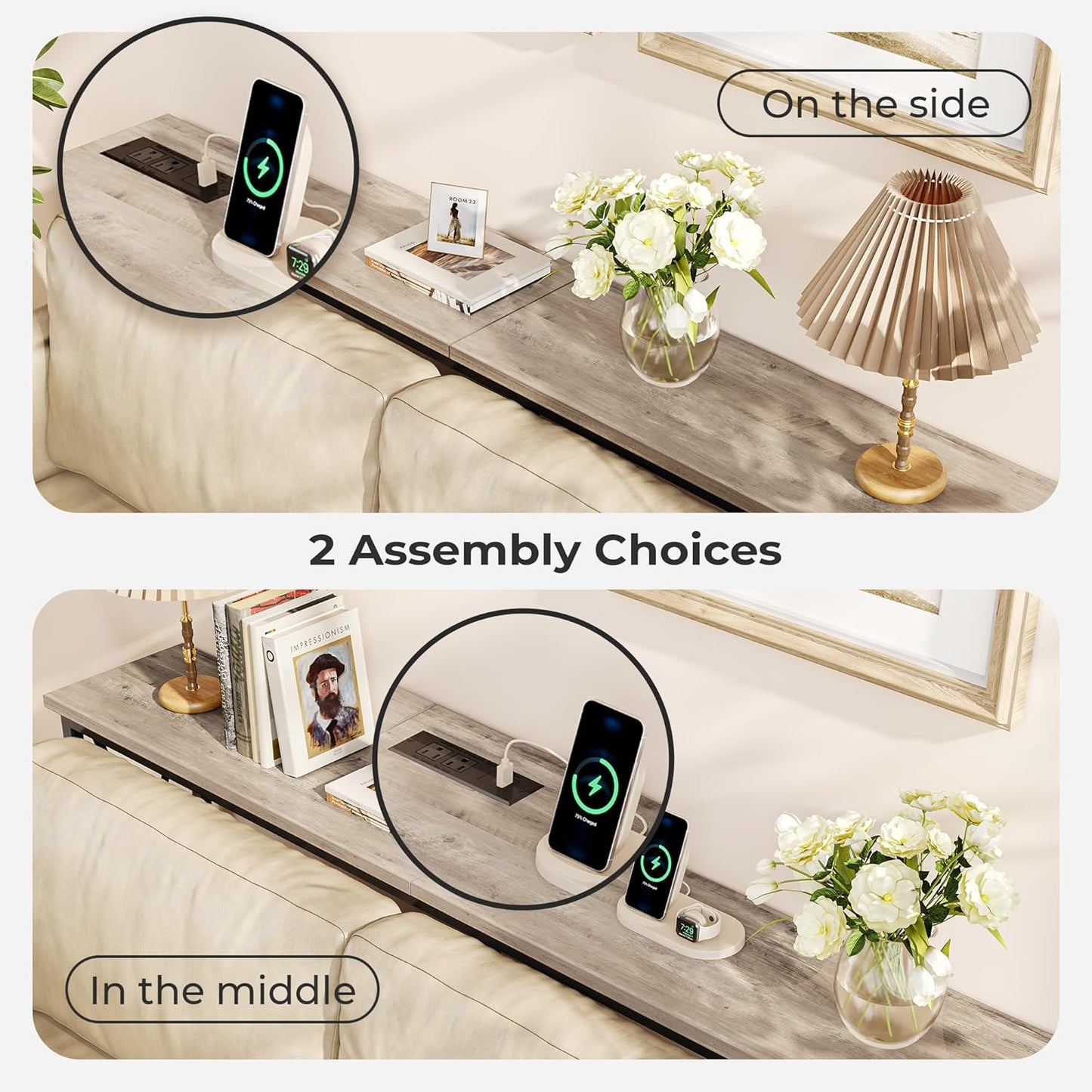 70-Inch Console Table with Integrated Outlets and USB-C Port, Extra Long X-Shaped Design for Entryway and Living Room, Metal Frame with Wooden Top in Grey Oak