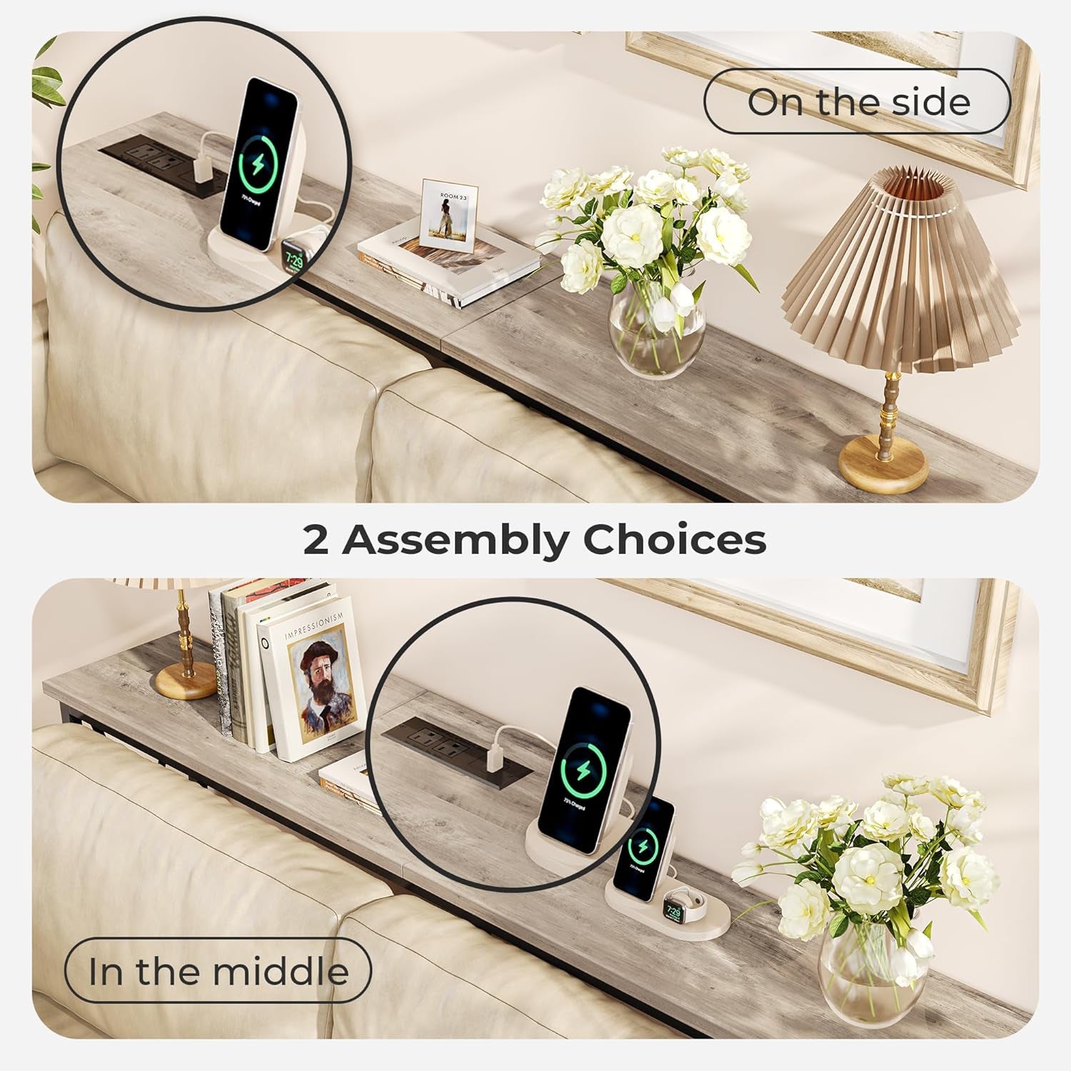 70-Inch Console Table with Integrated Outlets and USB-C Port, Extra Long X-Shaped Design for Entryway and Living Room, Metal Frame with Wooden Top in Grey Oak