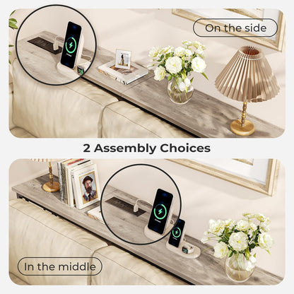 70-Inch Console Table with Integrated Outlets and USB-C Port, Extra Long X-Shaped Design for Entryway and Living Room, Metal Frame with Wooden Top in Grey Oak