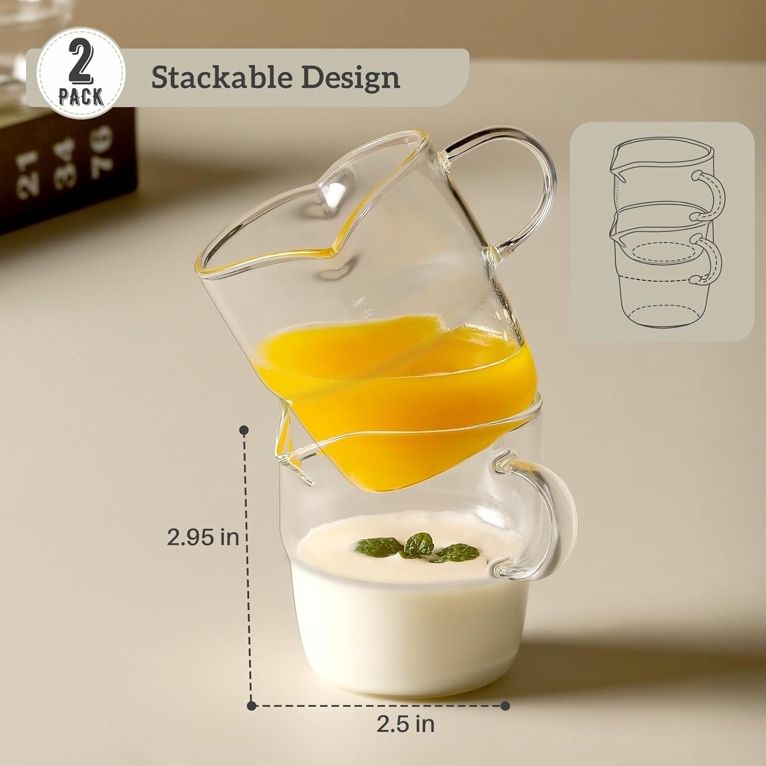 Espresso Cups Set of 2, 6 OZ Double Spouts Stackable Cups, Espresso Shots Glass Mugs with Handle, Cute Clear Glasses for Coffee Bar, Machine Accessories