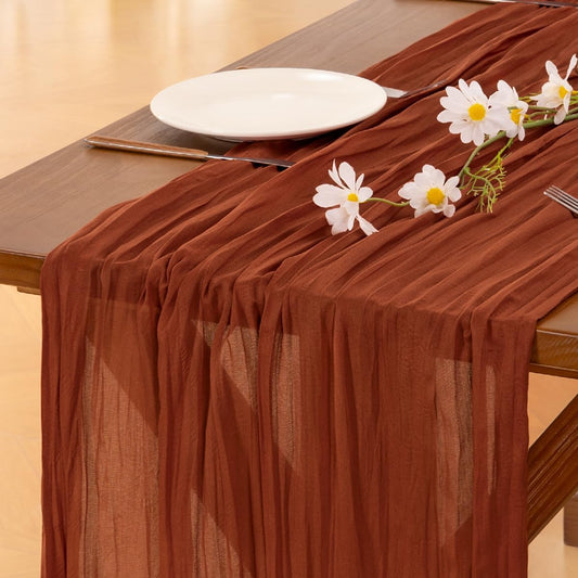 Fall Thanksgiving Table Runner Terracotta Cheesecloth Gauze Burnt Orange Boho Rustic Farmhouse 120 Inch 10FT Cheese Cloth Runner for Wedding Party Baby Shower Home Decor Holiday Decorations