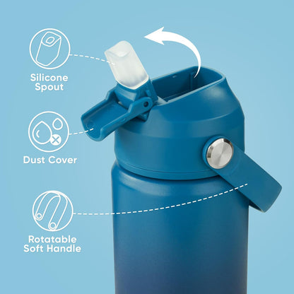 12 Oz Water Bottle, Kids Water Bottles for School, Toddler Water Bottle with Straw & Handle, 304 Stainless Steel Insulated Water Bottle, Non-Slip Silicone Base, BPA Free, Gradient Blue