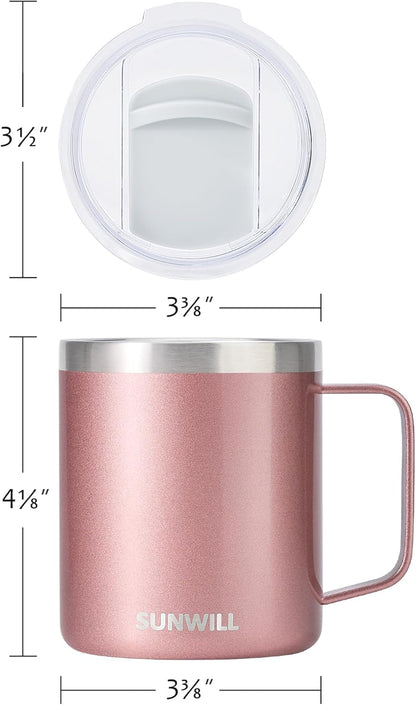 Travel Coffee Mug with Lid, Insulated Tumbler with Handle, 14 Oz Stainless Steel Cup for Ice, Water, Tea, Rose Gold