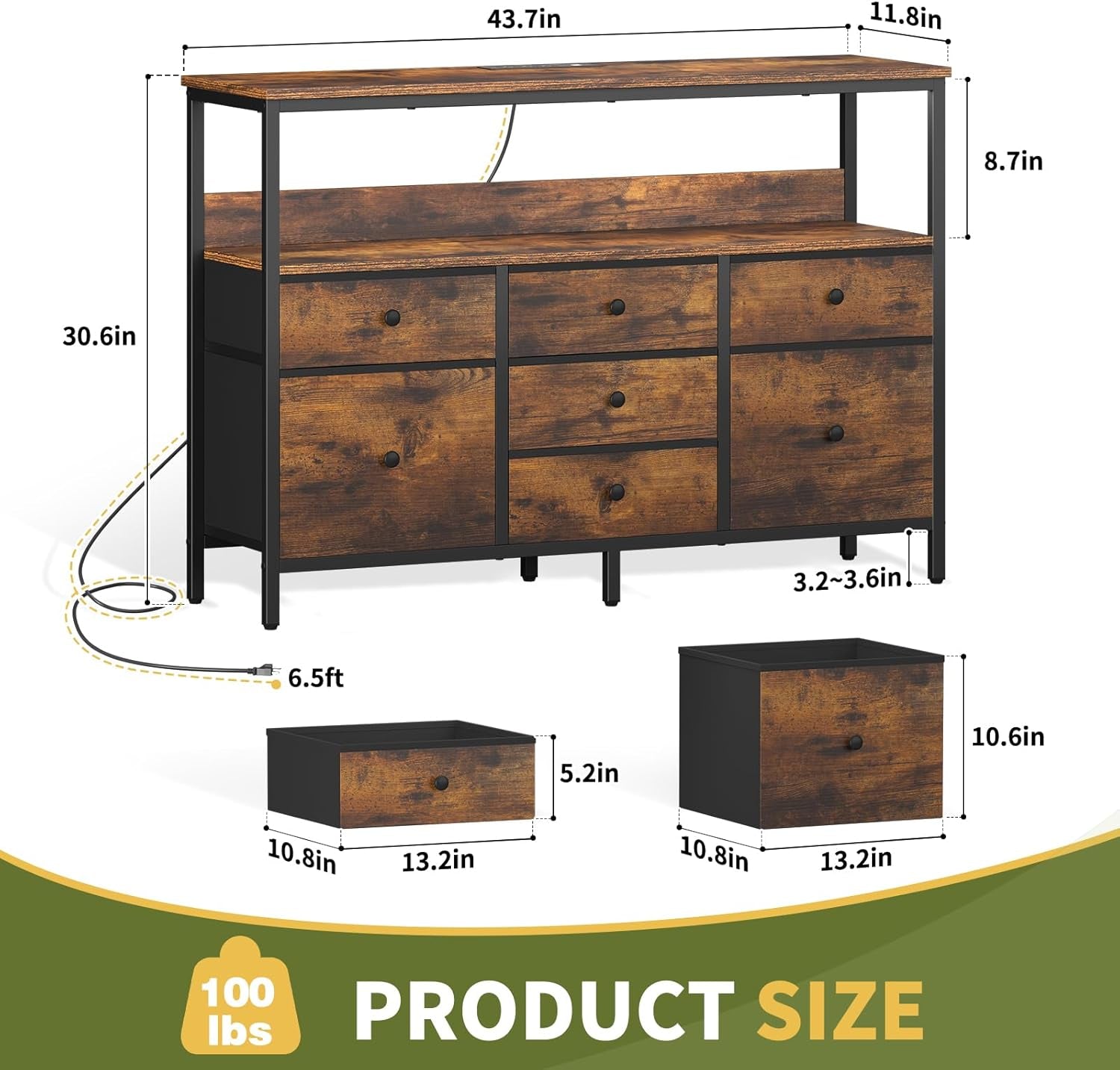 LED TV Stand for Bedroom, 50 Inch Kids Dresser with Power Outlets, 7 Drawers Entertainment Center with Storage Shelf, Living Room Console